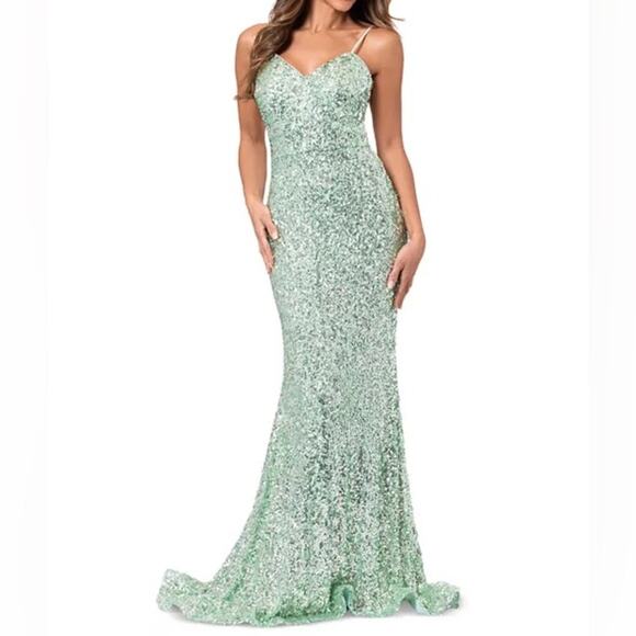 AQUA Formal Women’s Sequin Tie Back Floor Sweeping Gown Green Sz 10 - Picture 1 of 10